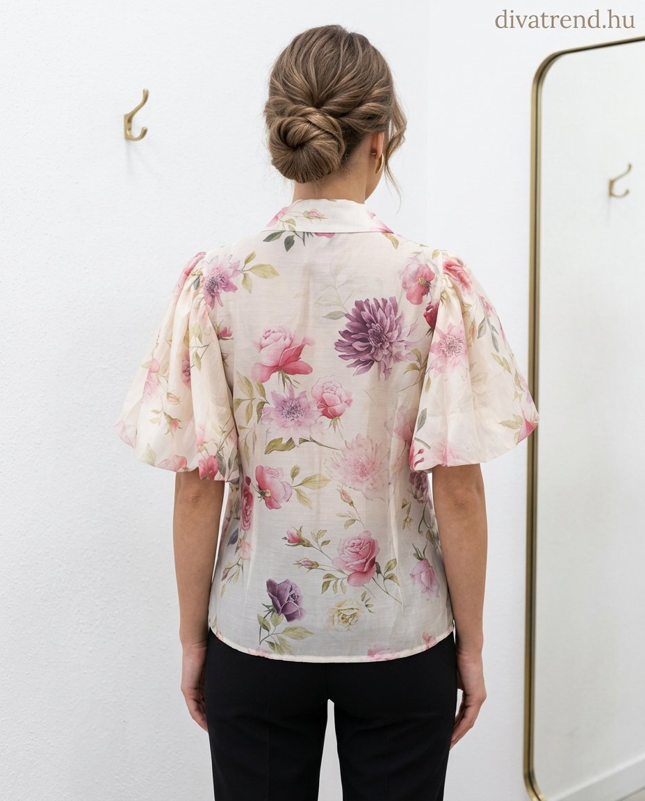 virág mintás sifon ing puffos ujjú hátulról