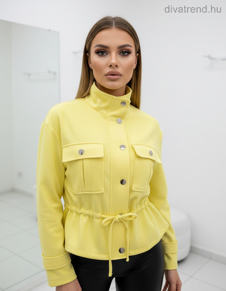 sárga női átmeneti kabát karcsúsított, velúr hatású
