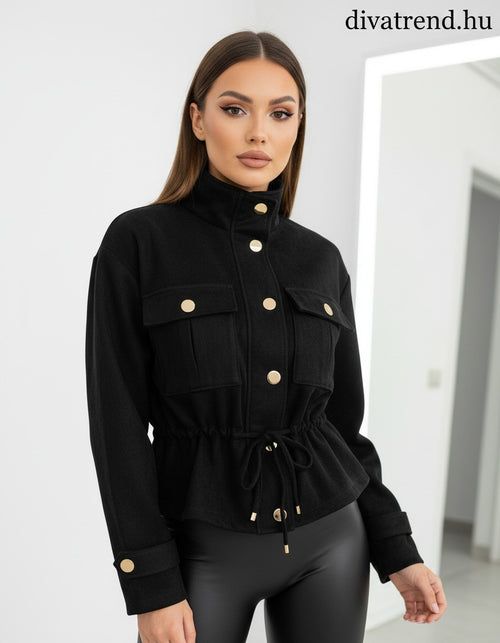 fekete női átmeneti kabát karcsúsított, velúr hatású