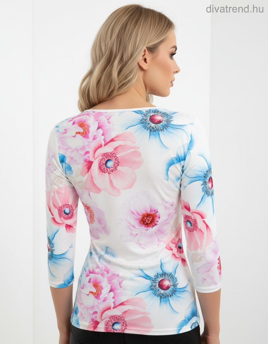női felső virágmintás 3/4 ujjú hátulról