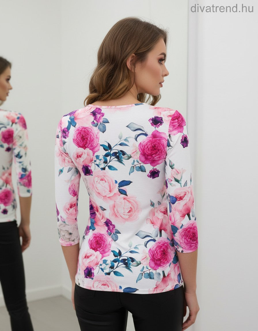 női felső virágmintás 3/4 ujjú hátulról