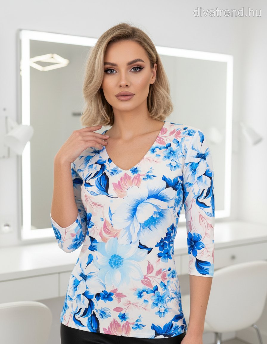 kék barna női felső virágmintás 3/4 ujjú