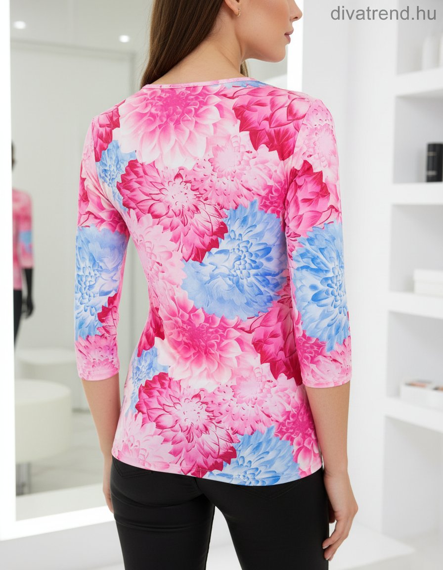 női felső virágmintás 3/4 ujjú hátulról
