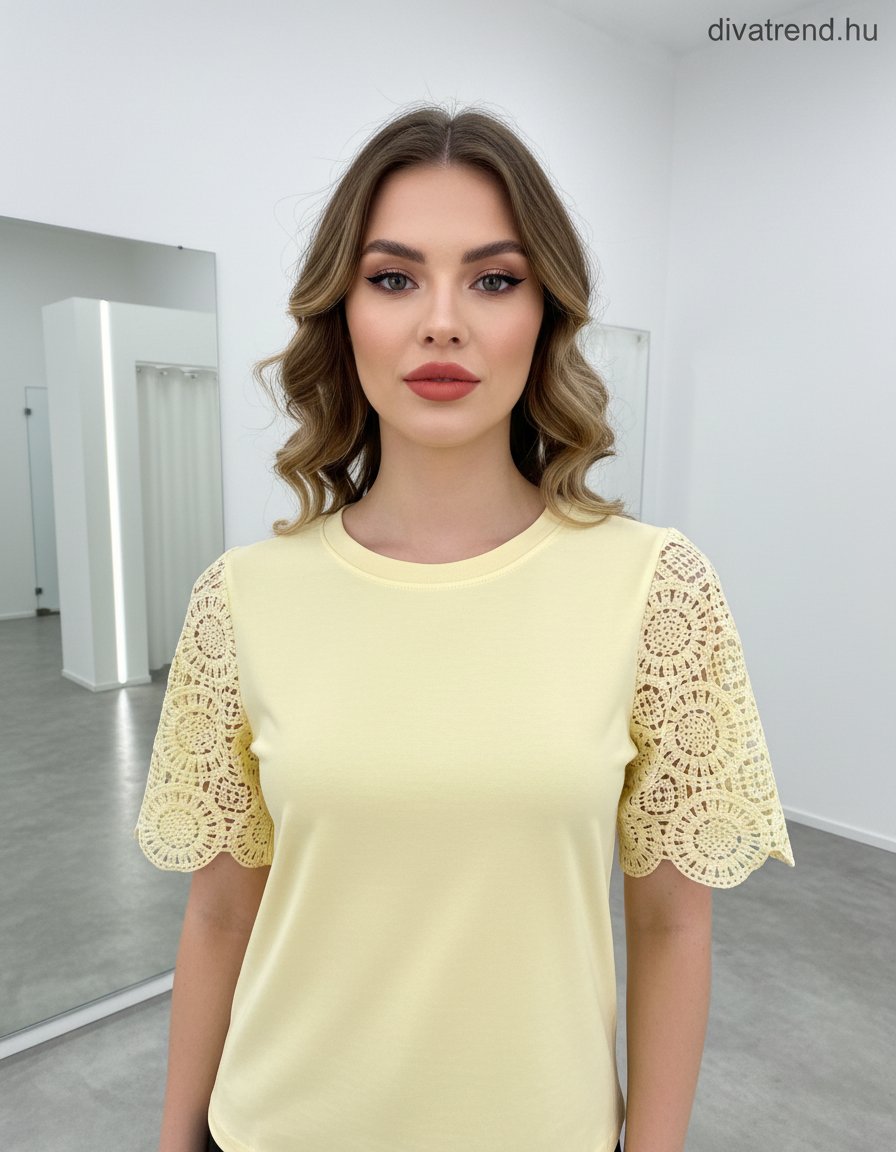 sárga női pamut póló, madeira ujjal