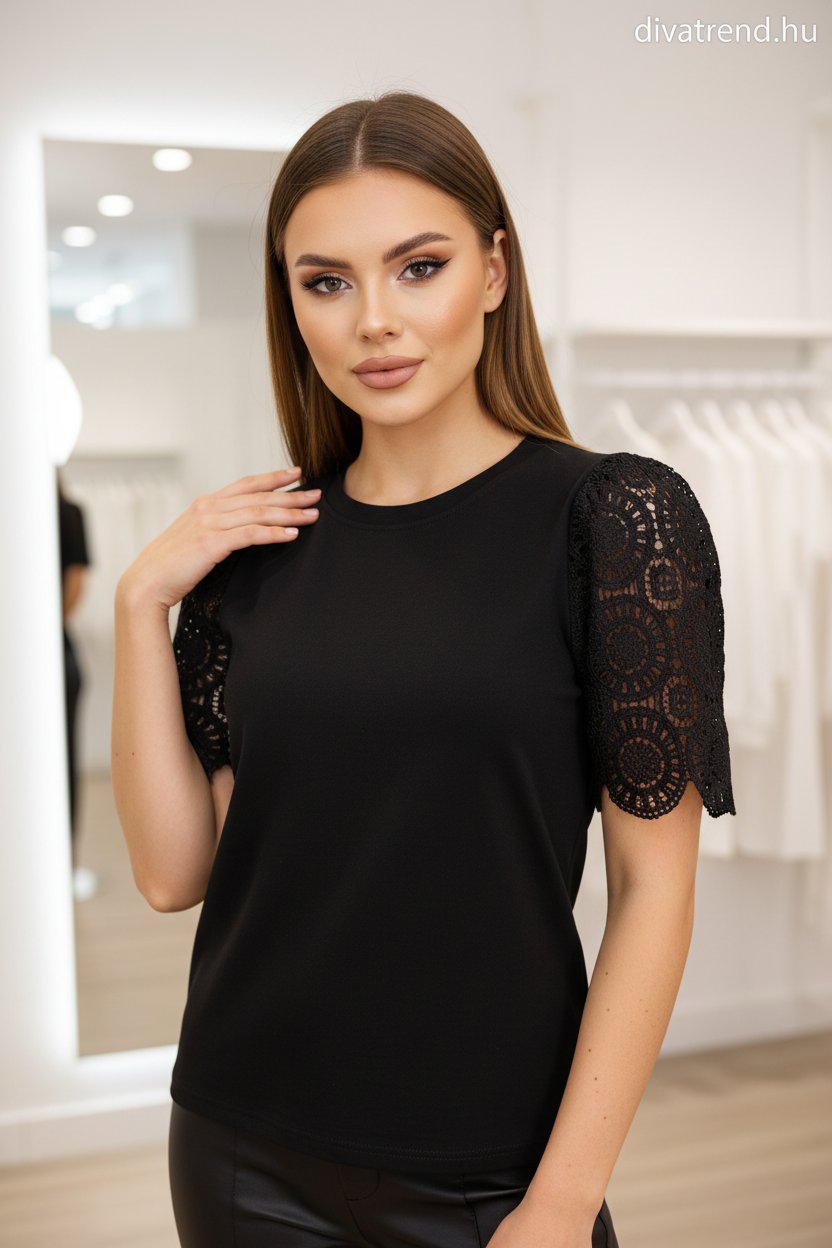 fekete női pamut póló, madeira ujjal