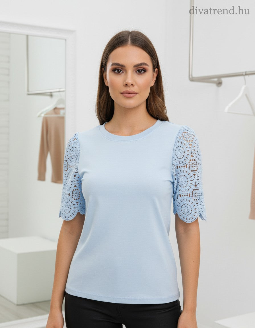 kék világos női pamut póló, madeira ujjal