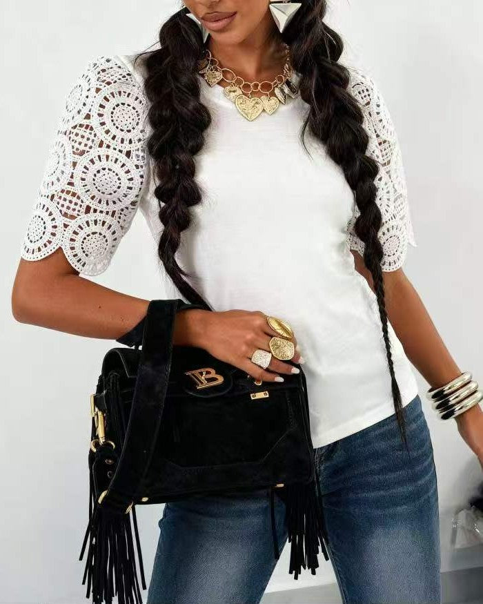 fehér női pamut póló, madeira ujjal