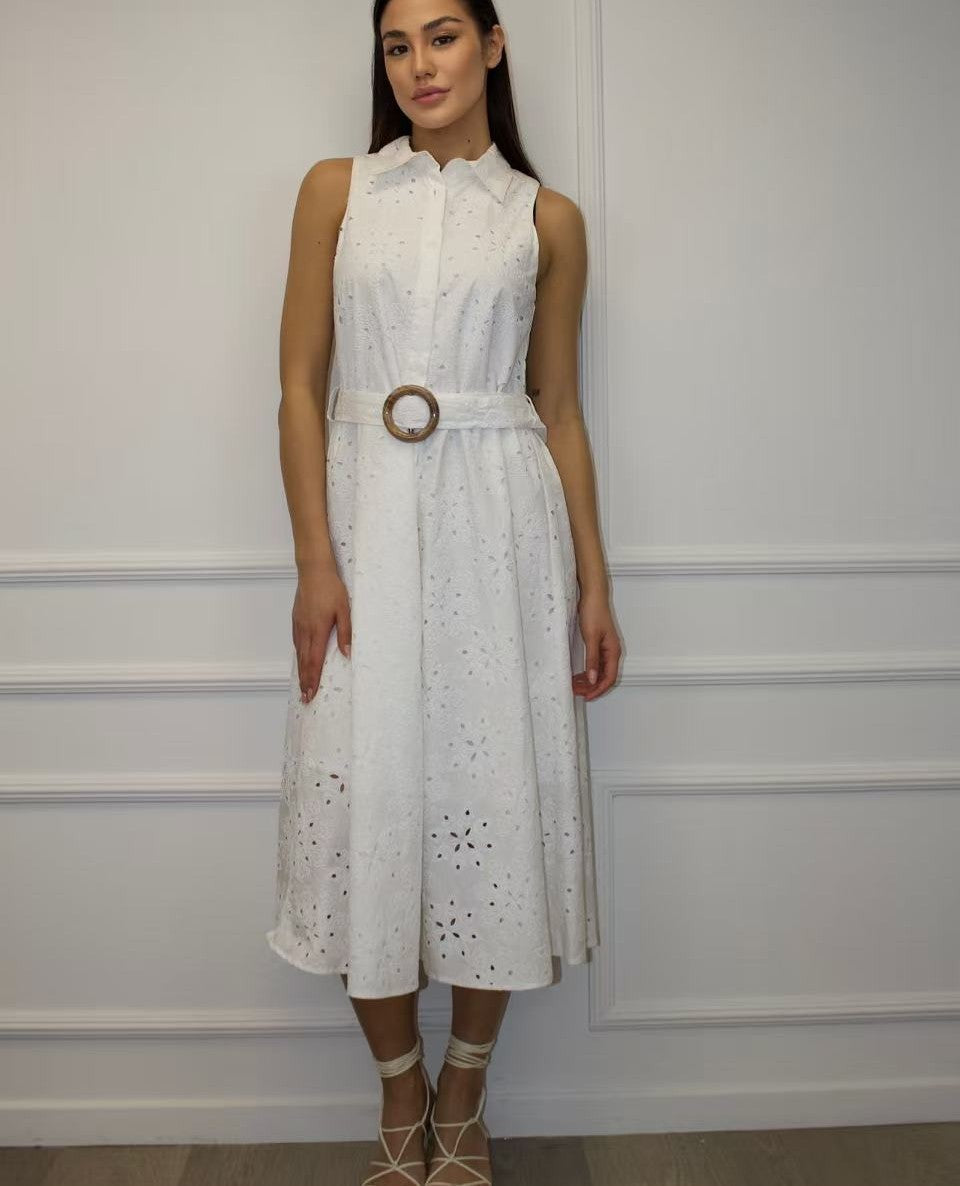 fehér madeira mintás pamut midi ingruha, ujjatlan