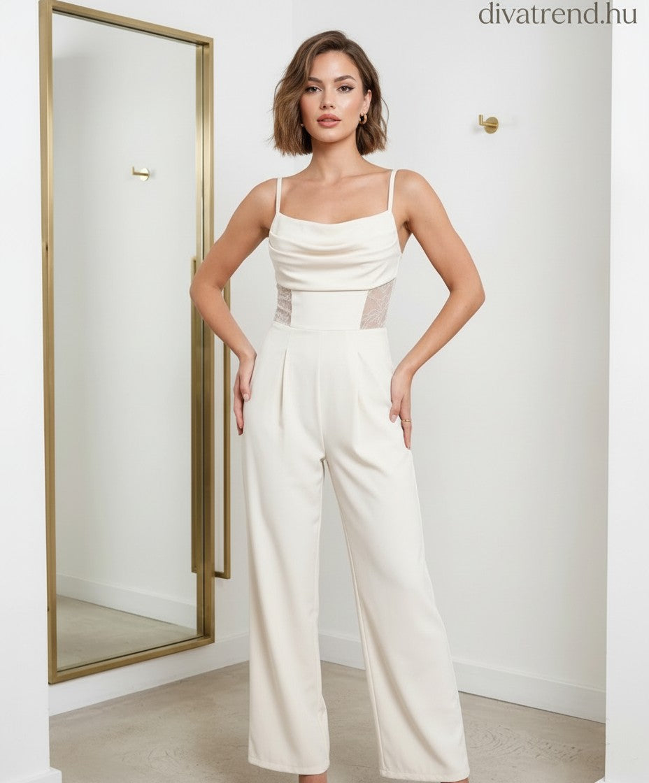 bézs elegáns női overál csipkebetétes, spagetti pántos