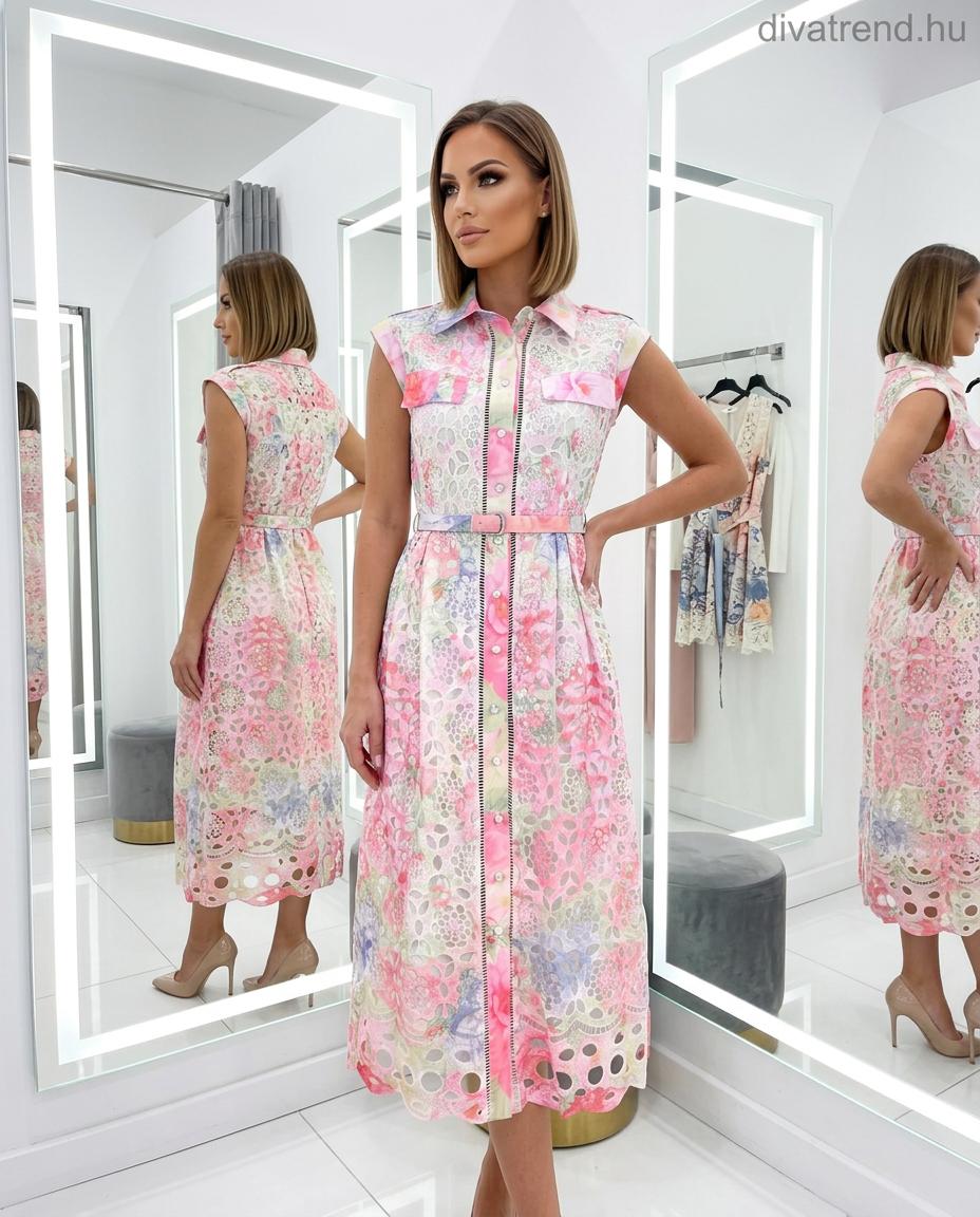 pinklight virágmintás madeira midi ingruha övvel
