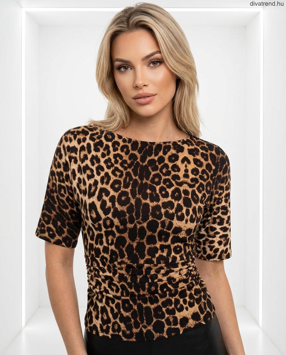 bézs fekete női viszkóz póló, leopárd mintás