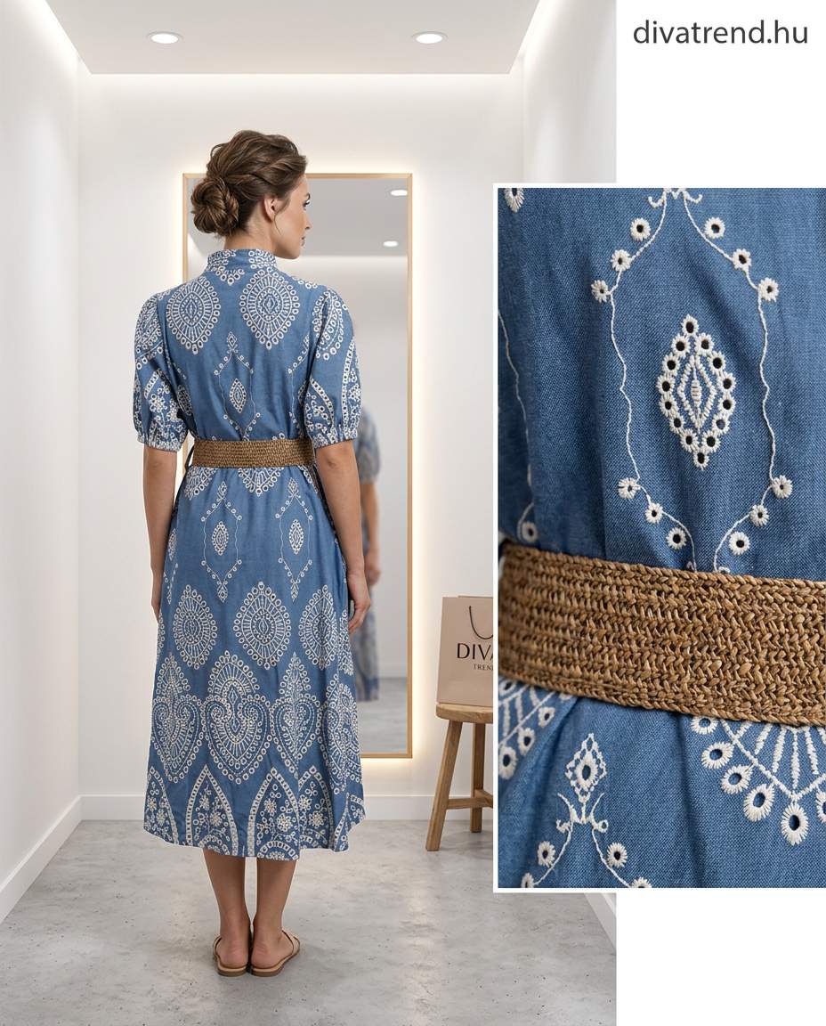 hímzett pamut midi ingruha, madeira, fonott öv hátulról