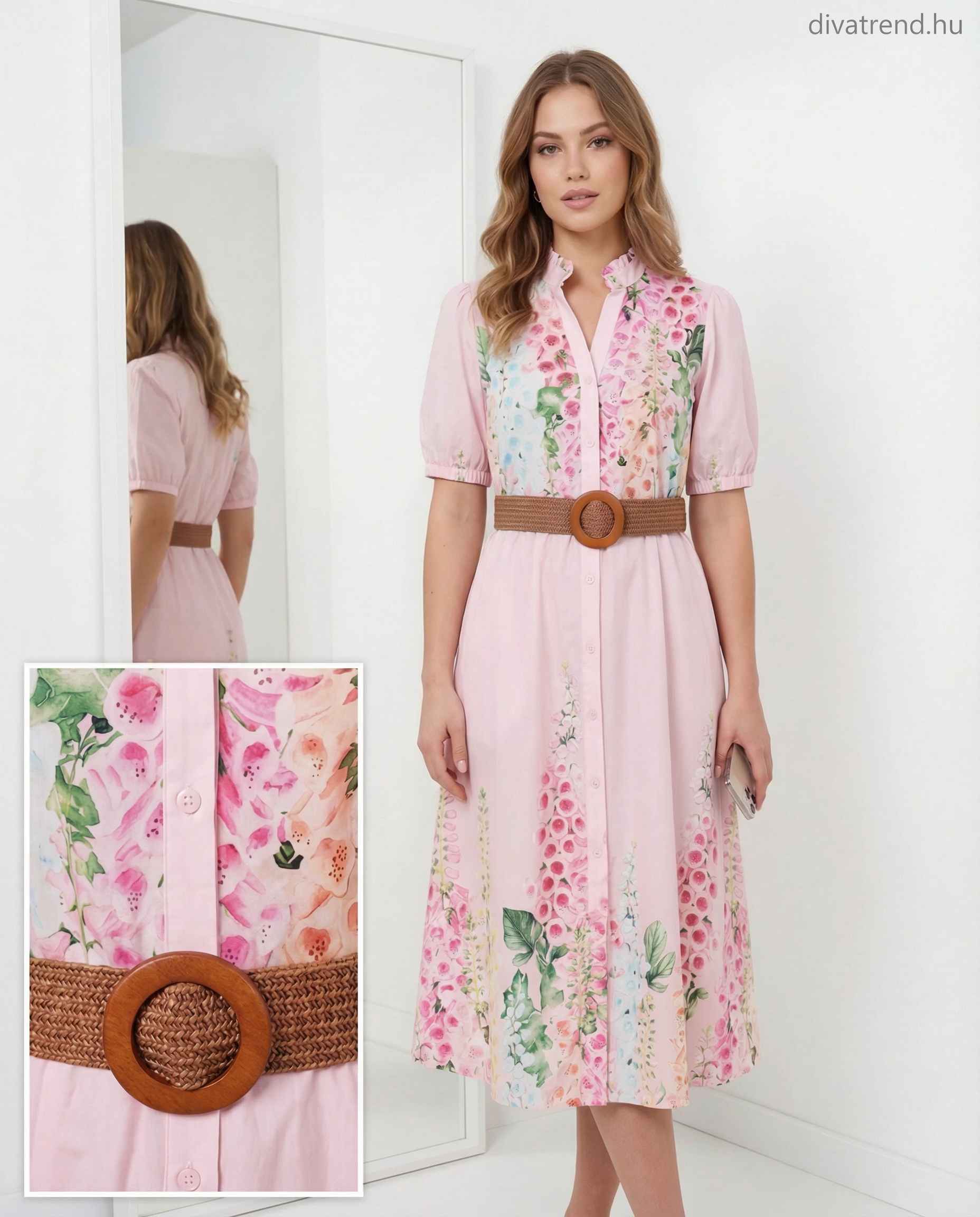 olasz női virág mintás ruha rövid ujjú V nyakú midi