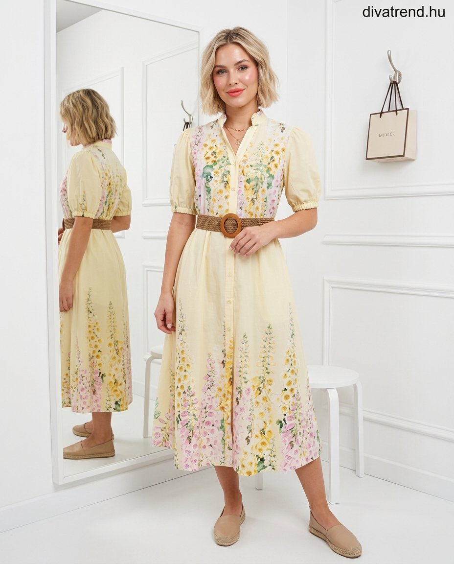 olasz női virág mintás ruha rövid ujjú V nyakú midi