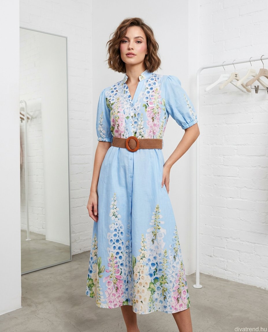 olasz női virág mintás ruha rövid ujjú V nyakú midi