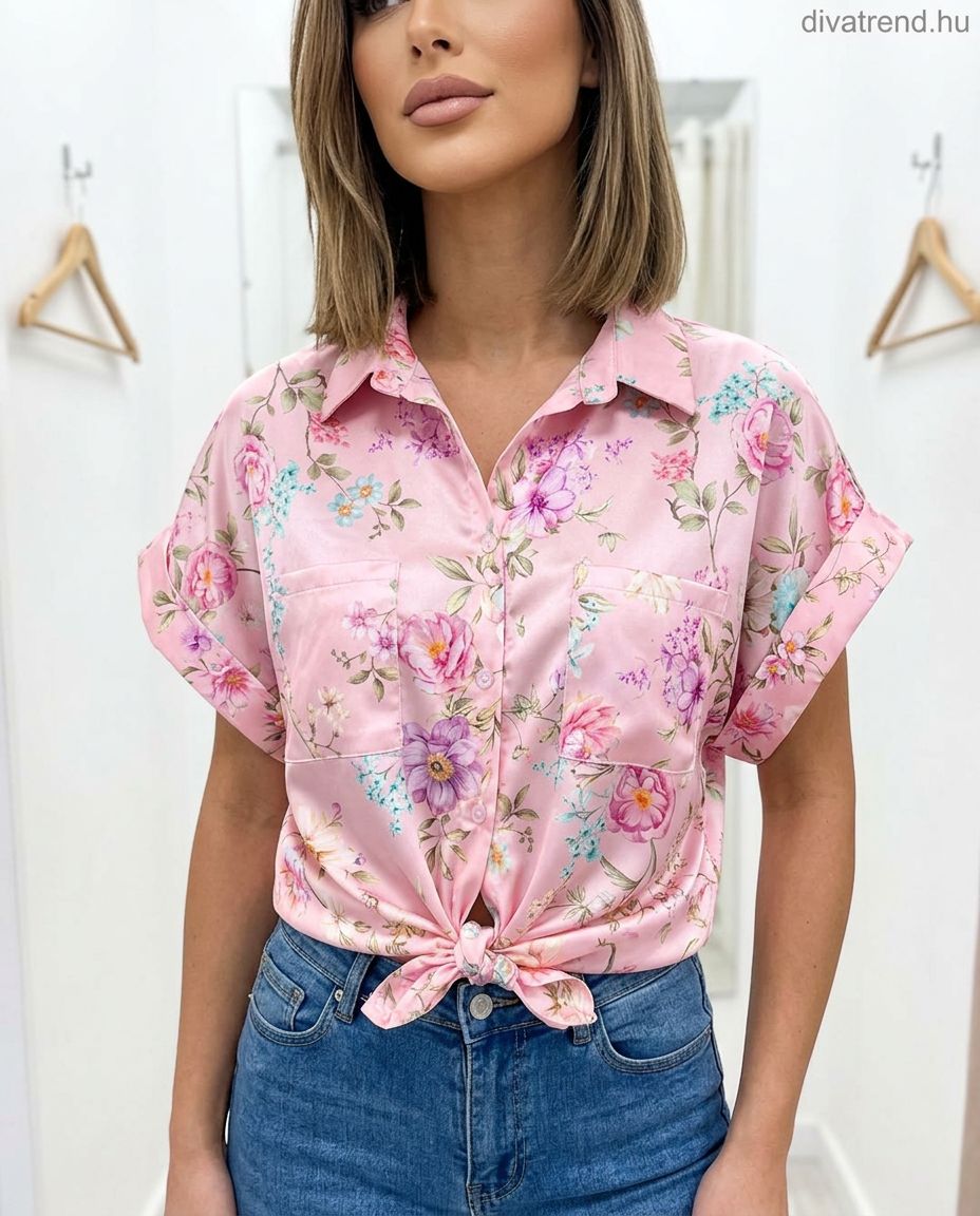 pinklight rövid ujjú szatén ing virág mintás