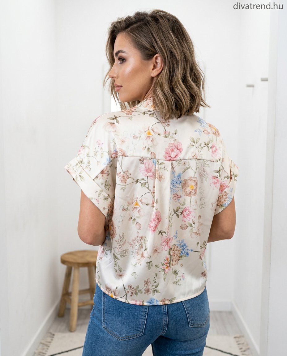 rövid ujjú szatén ing virág mintás hátulról