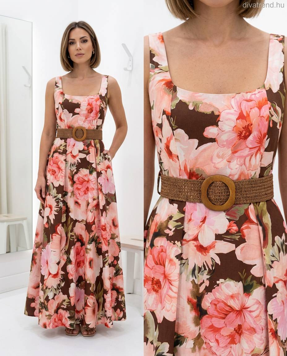 barna virág mintás pamut maxi ruha fonott övvel