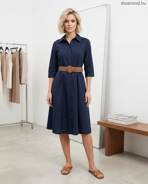 kék sötét pamut midi ingruha, 3/4 ujjú, fonott övvel