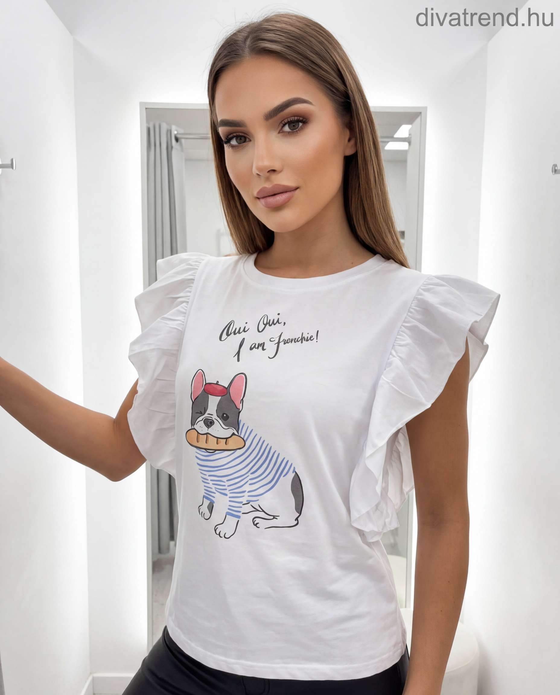 fehér női pamut póló fodros vállú, kutyás