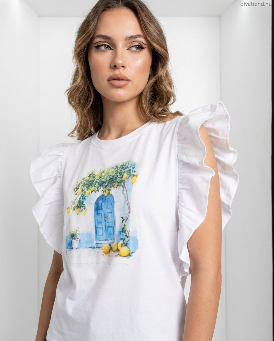 fehér női pamut póló fodros vállú, citrom