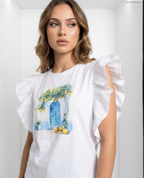fehér női pamut póló fodros vállú, citrom