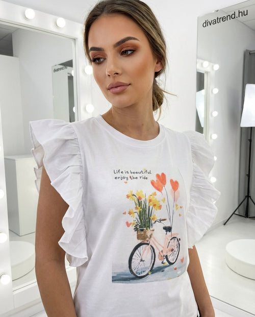 fehér női pamut póló fodros vállú, virág, bicikli, Life