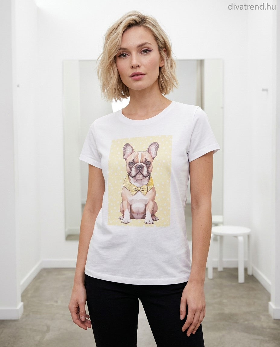 fehér sárga női pamut póló, kutya minta