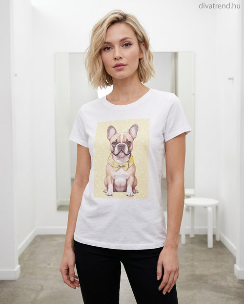 fehér sárga női pamut póló, kutya minta