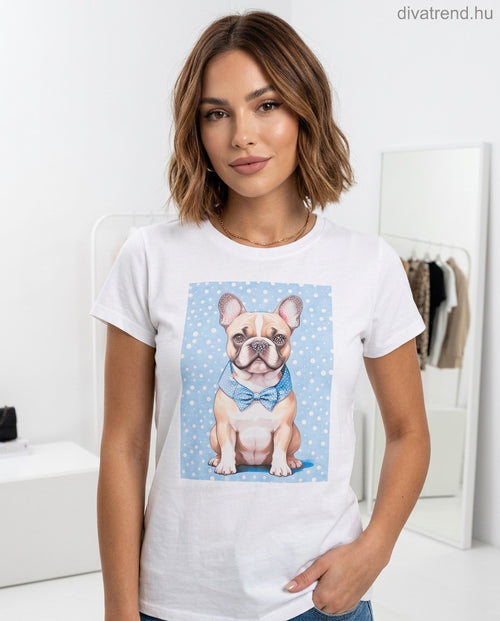 fehér kék női pamut póló, kutya minta