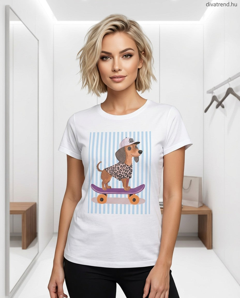 fehér női pamut póló, gördeszkás kutya