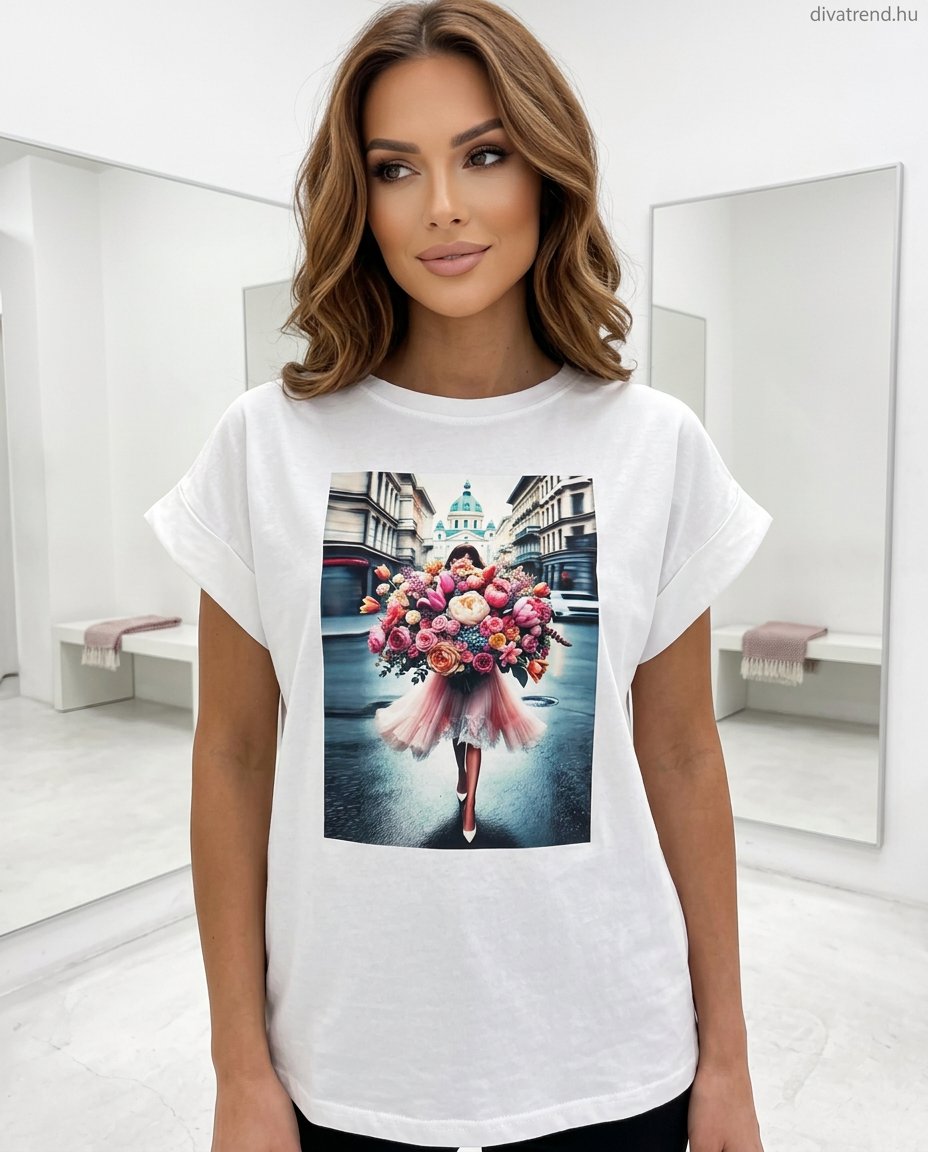 fehér női pamut póló virágos