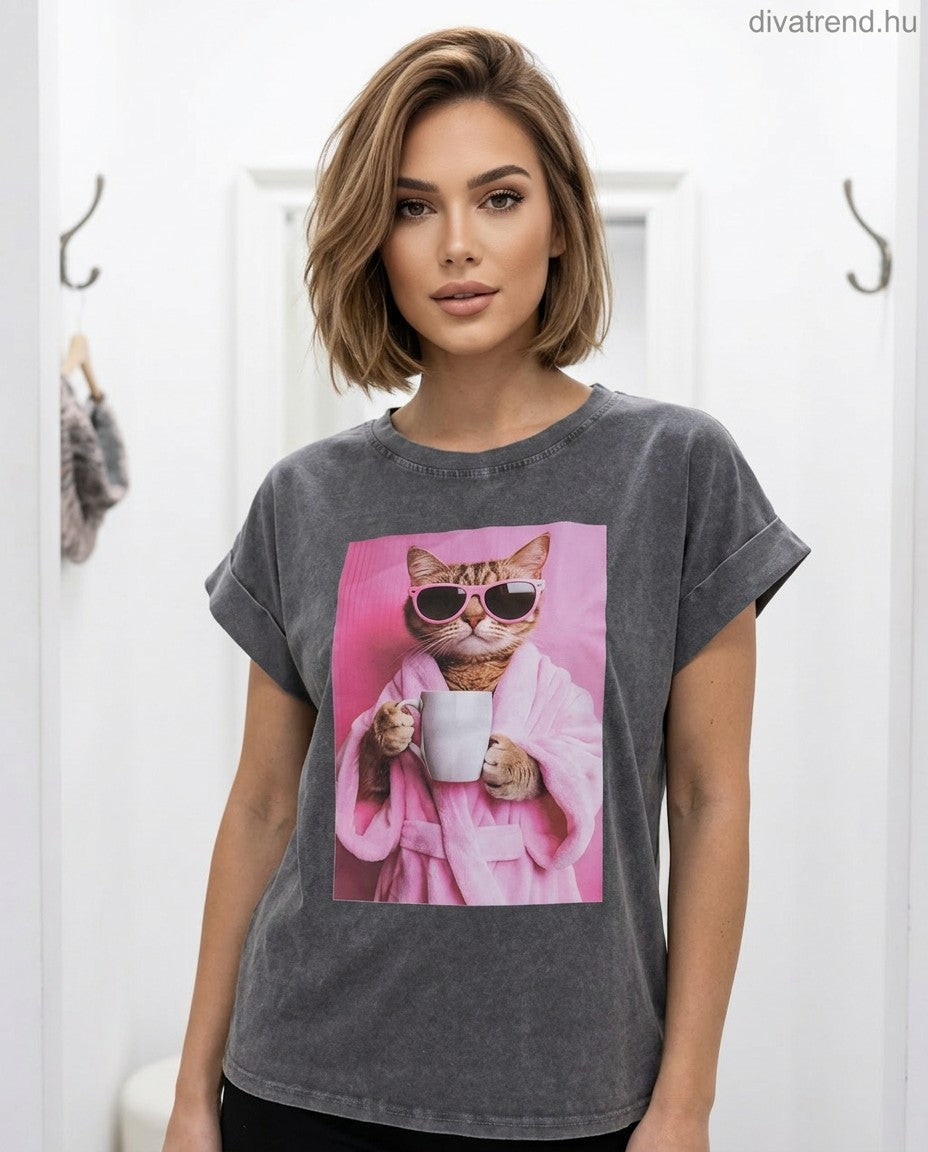 szürke női pamut póló cicás
