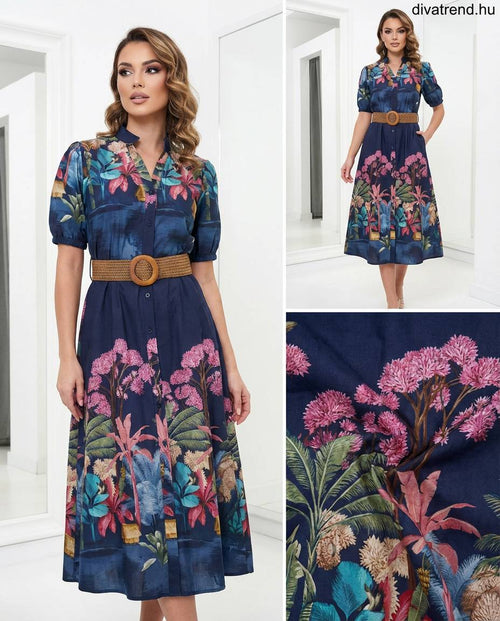 kék sötét pamut midi ingruha, virág mintás, fonott övvel