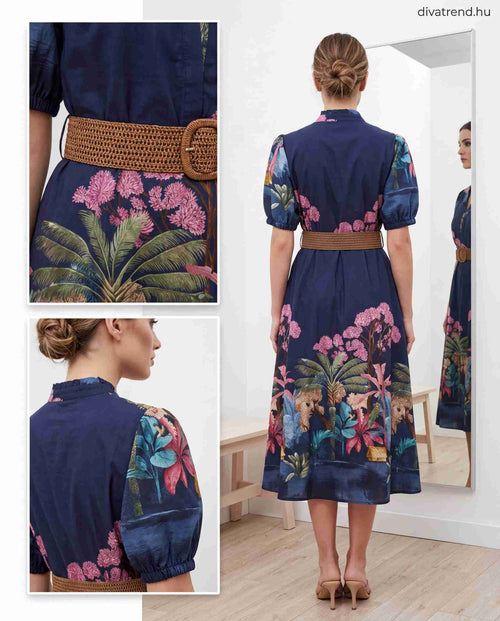 pamut midi ingruha, virág mintás, fonott övvel hátulról