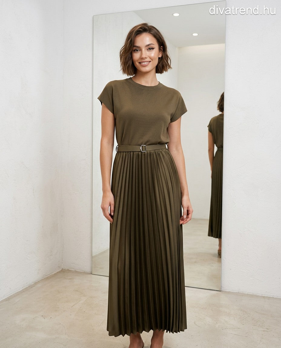 khaki viszkóz maxi ruha pliszírozott szoknyával