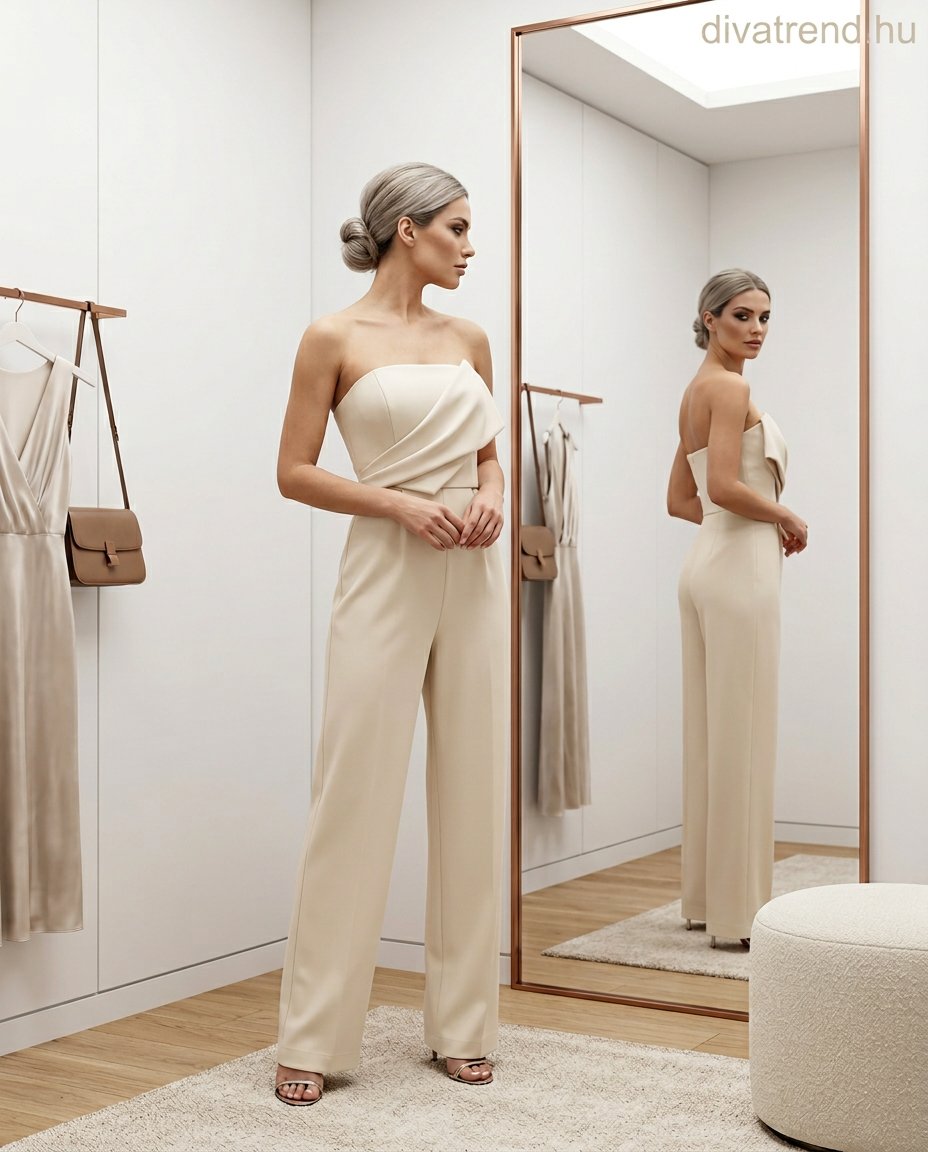 bézs elegáns női overál ujjatlan váll nélküli