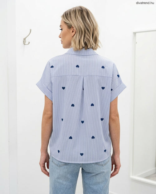 női csíkos pamut ing, rövid ujjú, szívekkel hátulról
