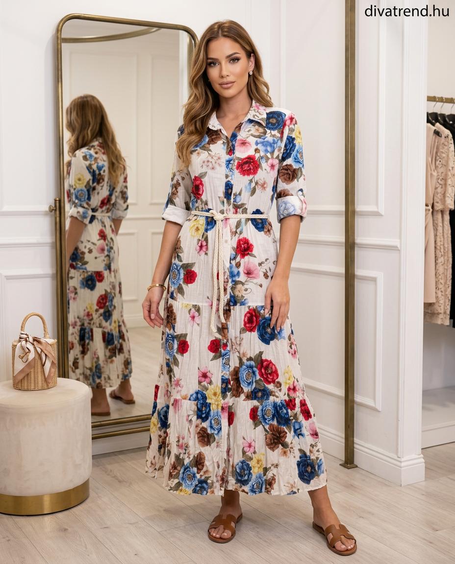 fehér kék virágmintás pamut maxi ruha