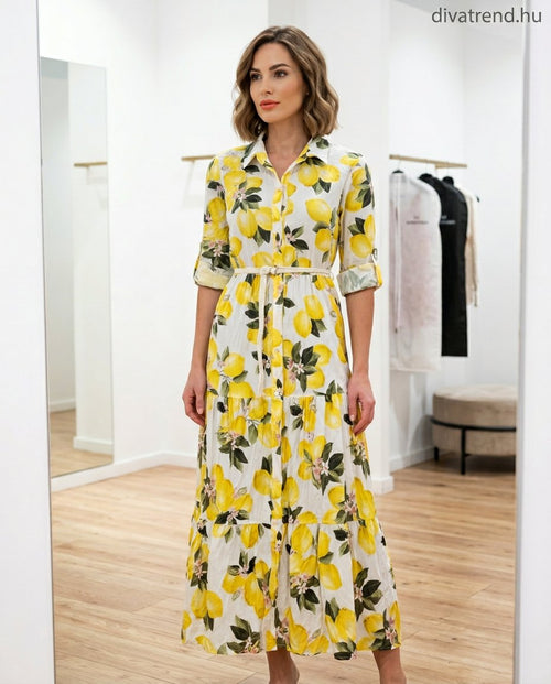 fehér sárga citromos pamut maxi ruha