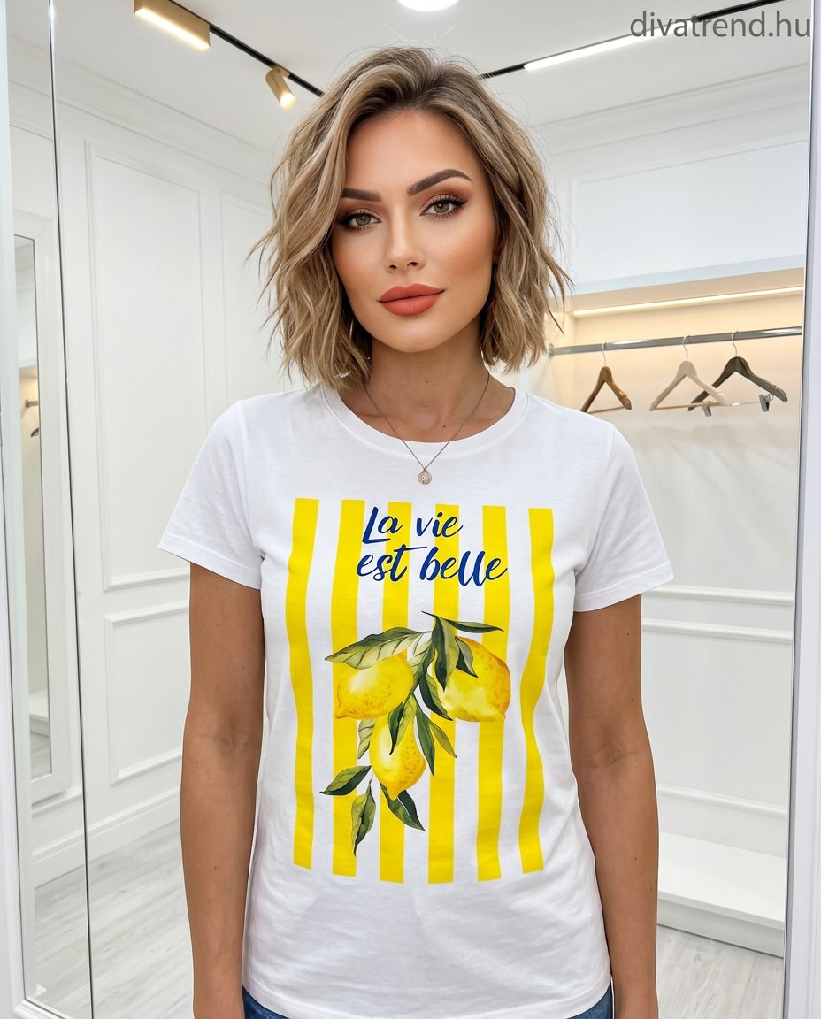 fehér sárga női pamut póló, citromos