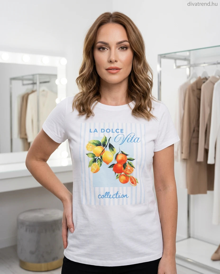fehér kék világos női pamut póló, citrom minta