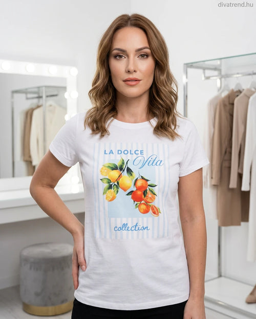 fehér kék világos női pamut póló, citrom minta