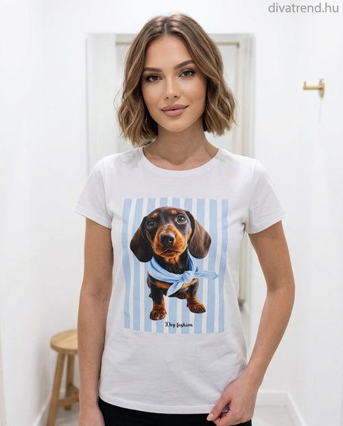 fehér kék világos női pamut póló, kutya minta