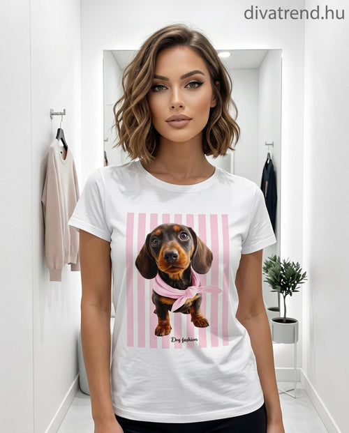 fehér pink női pamut póló, kutya minta