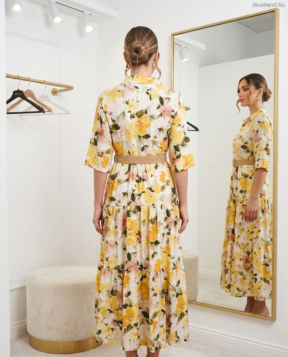 virág mintás viszkóz maxi ingruha fonott övvel hátulról