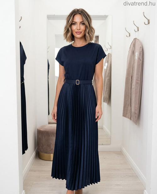 kék sötét maxi ruha pliszírozott szoknyával, övvel