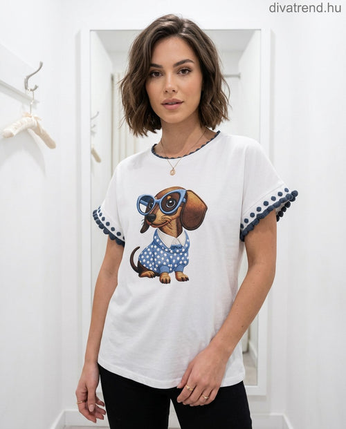 fehér kék sötét női kutyás pamut póló, kötött szegéllyel