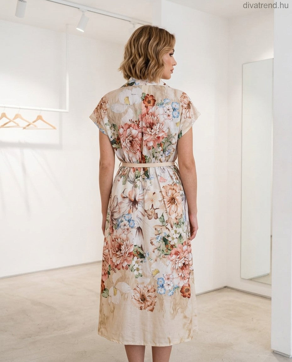 virág mintás pamut midi ruha övvel hátulról