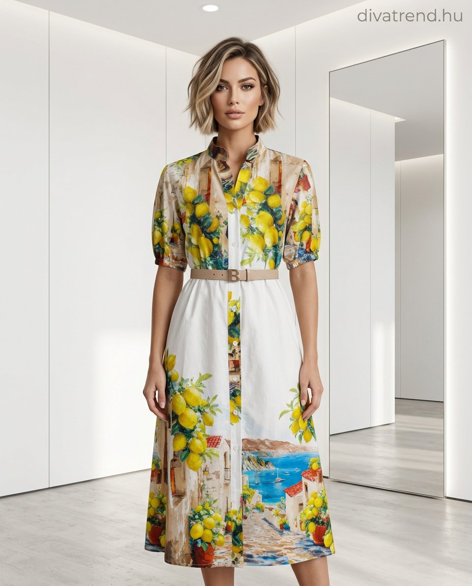 fehér citromos pamut midi ruha